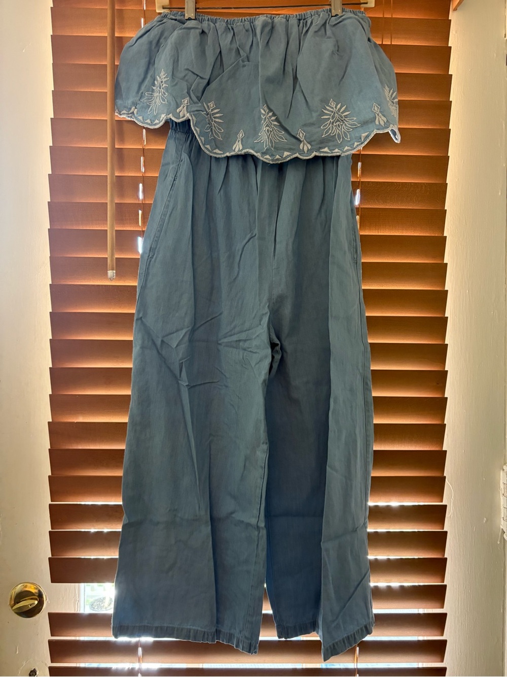 Jessica Simpson Dusty Blue Off-Shoulder Wide-Leg Jumpsuit